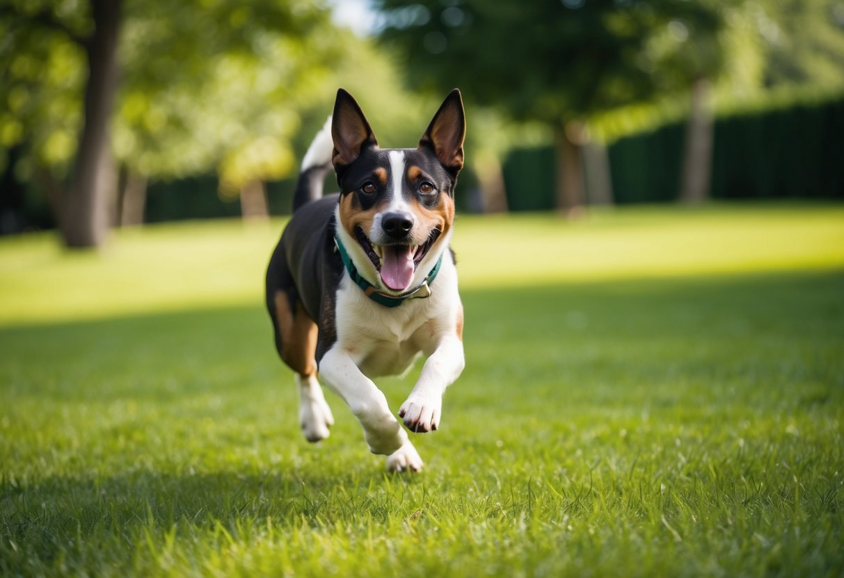 A happy dog playing in a spacious, grassy yard, running and jumping with a big smile on its face, surrounded by trees and fresh air