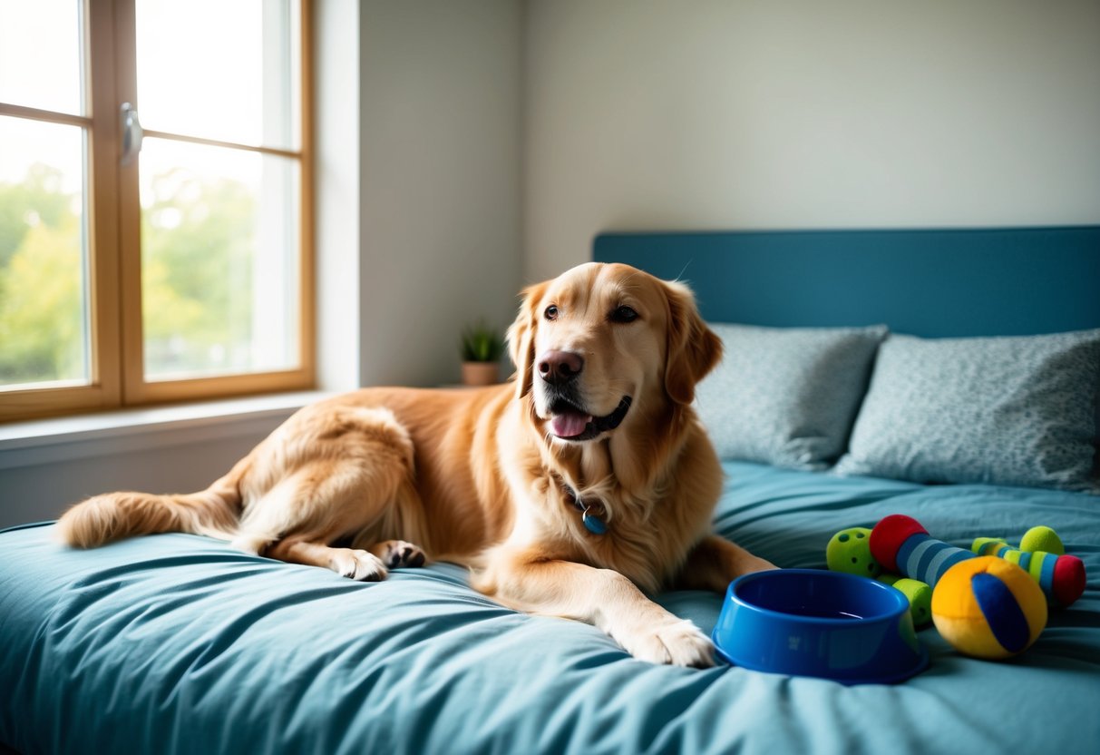 A calm and contented golden retriever lounging on a comfortable bed near a sunny window, surrounded by toys and a full water bowl