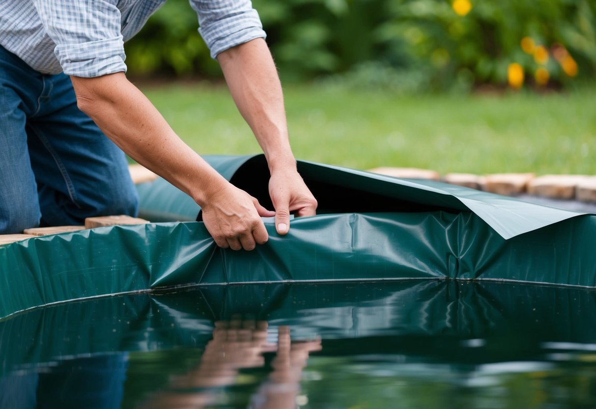 A pond liner being placed over another, causing uneven surface and potential damage