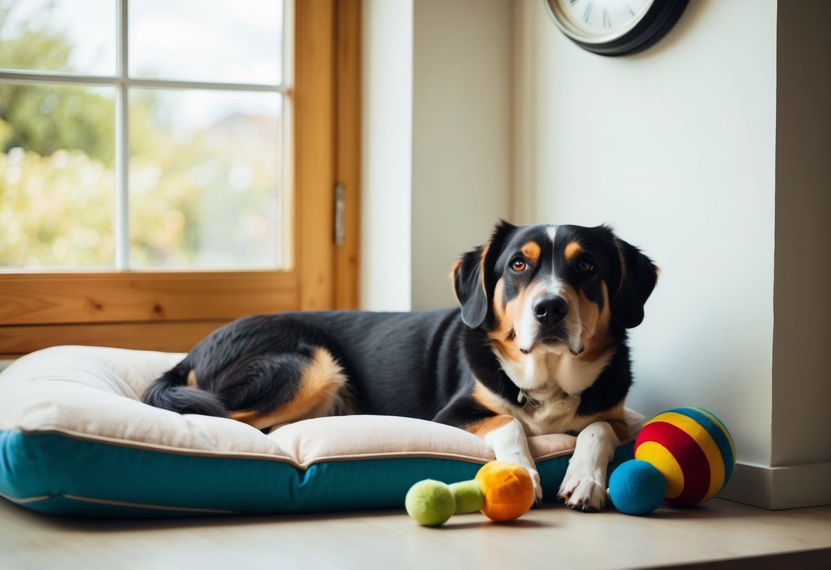 A calm and content dog lies by a sunny window, surrounded by toys and a comfortable bed, while the clock on the wall shows the passing of time