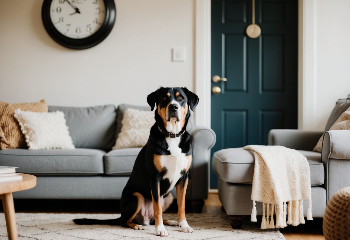 A dog sitting alone in a cozy living room, with a clock on the wall showing the time, and a visible front door indicating potential time away