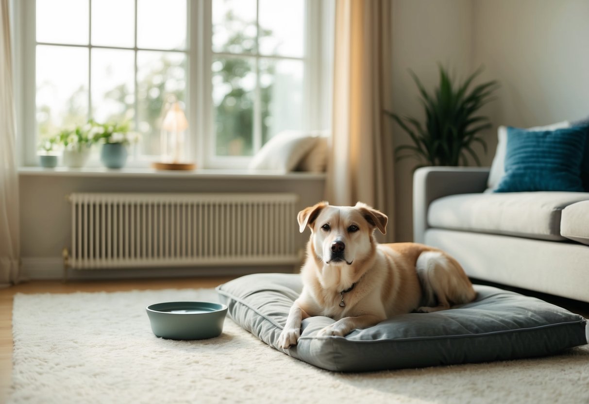 A cozy living room with a sunlit window, a soft bed, and a bowl of water, with a calm and independent dog lying contentedly alone