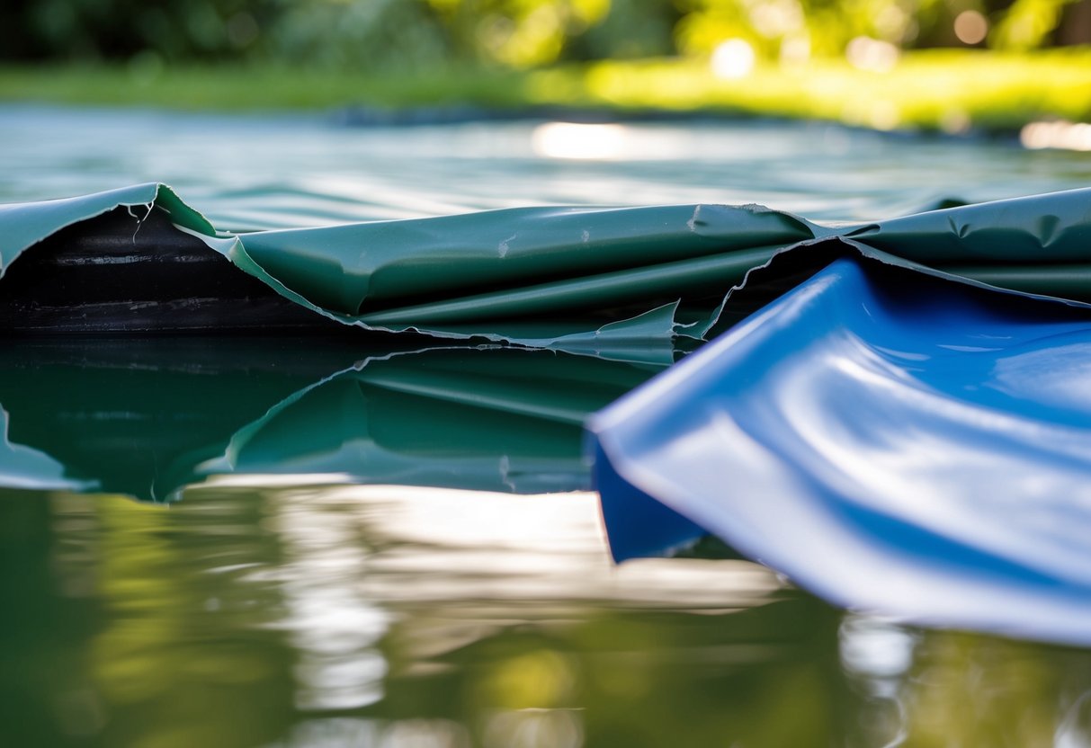 A torn and wrinkled pond liner lies beneath a new one, causing uneven surfaces and potential leaks