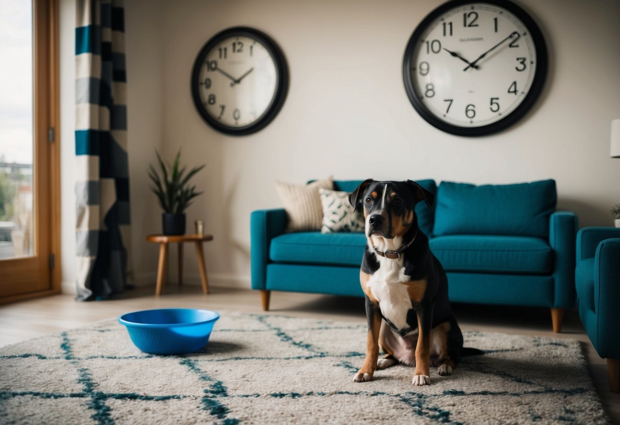 A dog sitting alone in a cozy living room, with a clock on the wall showing the time, and a bowl of water nearby
