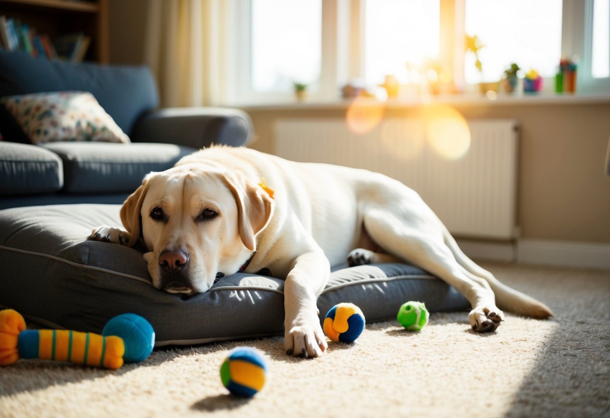 A contented Labrador rests in a cozy living room, surrounded by toys and a comfortable bed, as sunlight streams in through the window