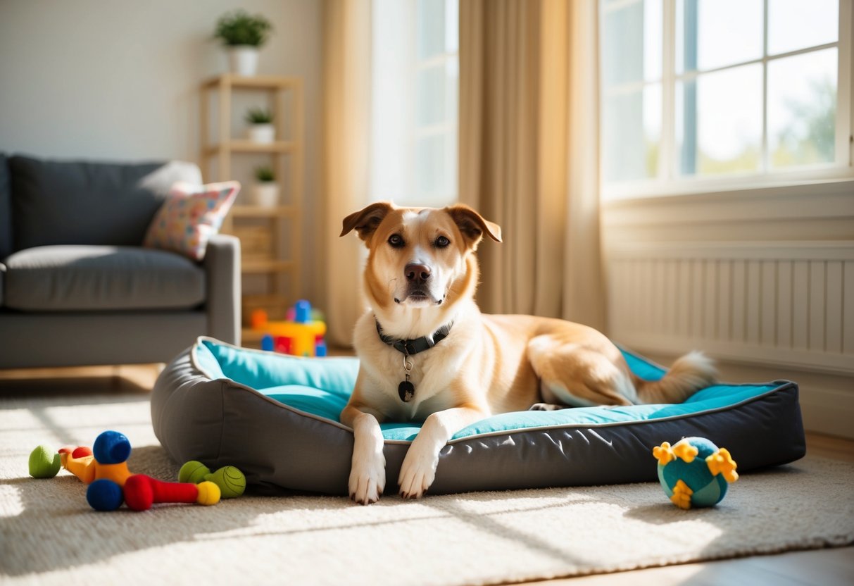 A calm and independent dog lounges in a sunlit room, surrounded by toys and a comfortable bed, contently occupying itself while its owner is away