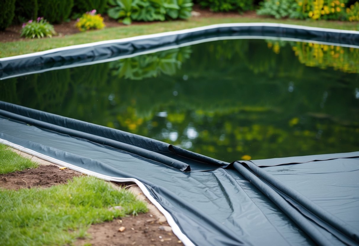 A pond with a new liner laid over an old liner, causing unevenness and potential for leaks