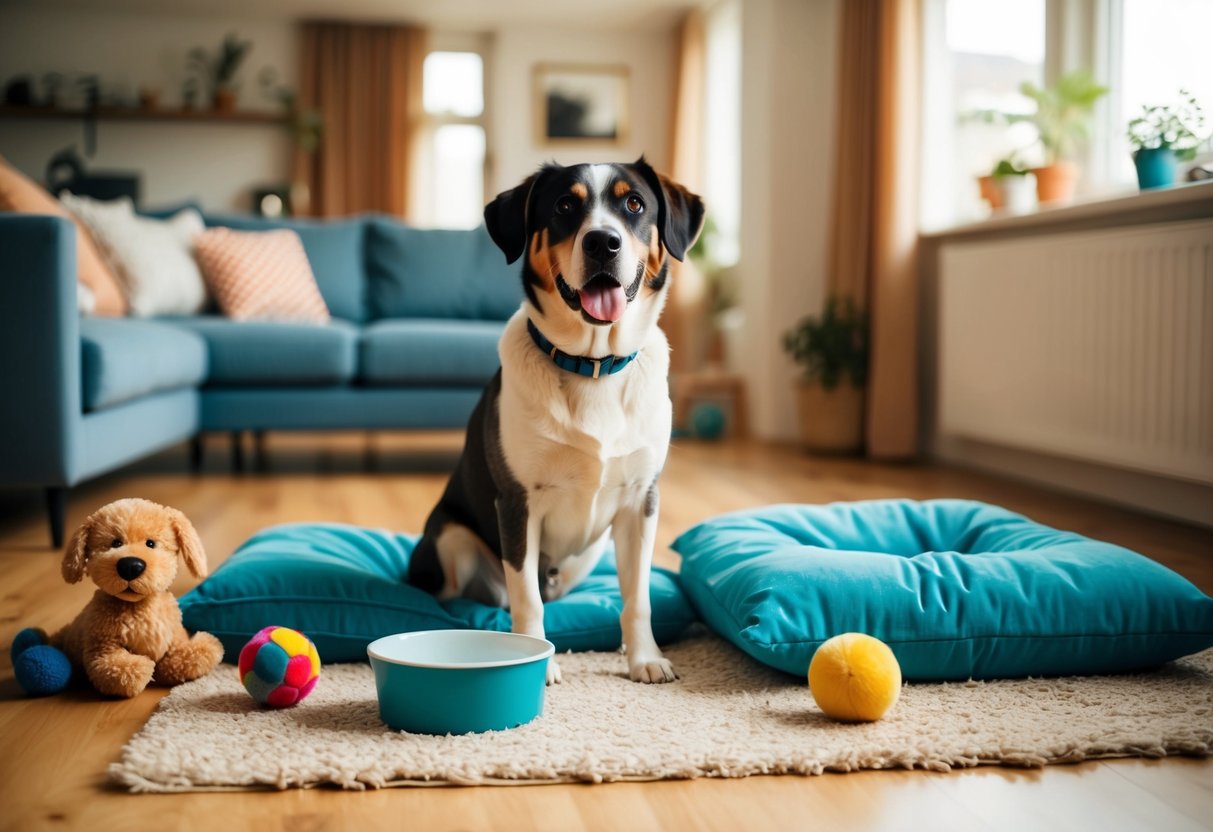 A dog sitting in a cozy living room, surrounded by toys, a comfortable bed, and a bowl of water. The room is filled with natural light and has a warm, inviting atmosphere