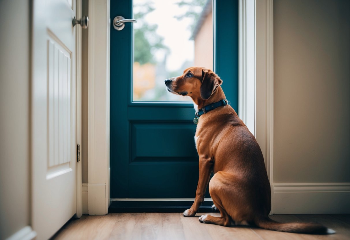A dog sitting by the front door, looking anxious with a drooping tail and ears, as it peers out the window