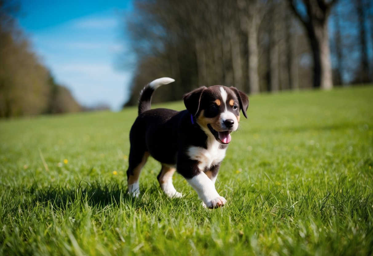 A 12-week-old puppy walks through a grassy field, surrounded by trees and a clear blue sky. The puppy's tail wags happily as it explores its surroundings
