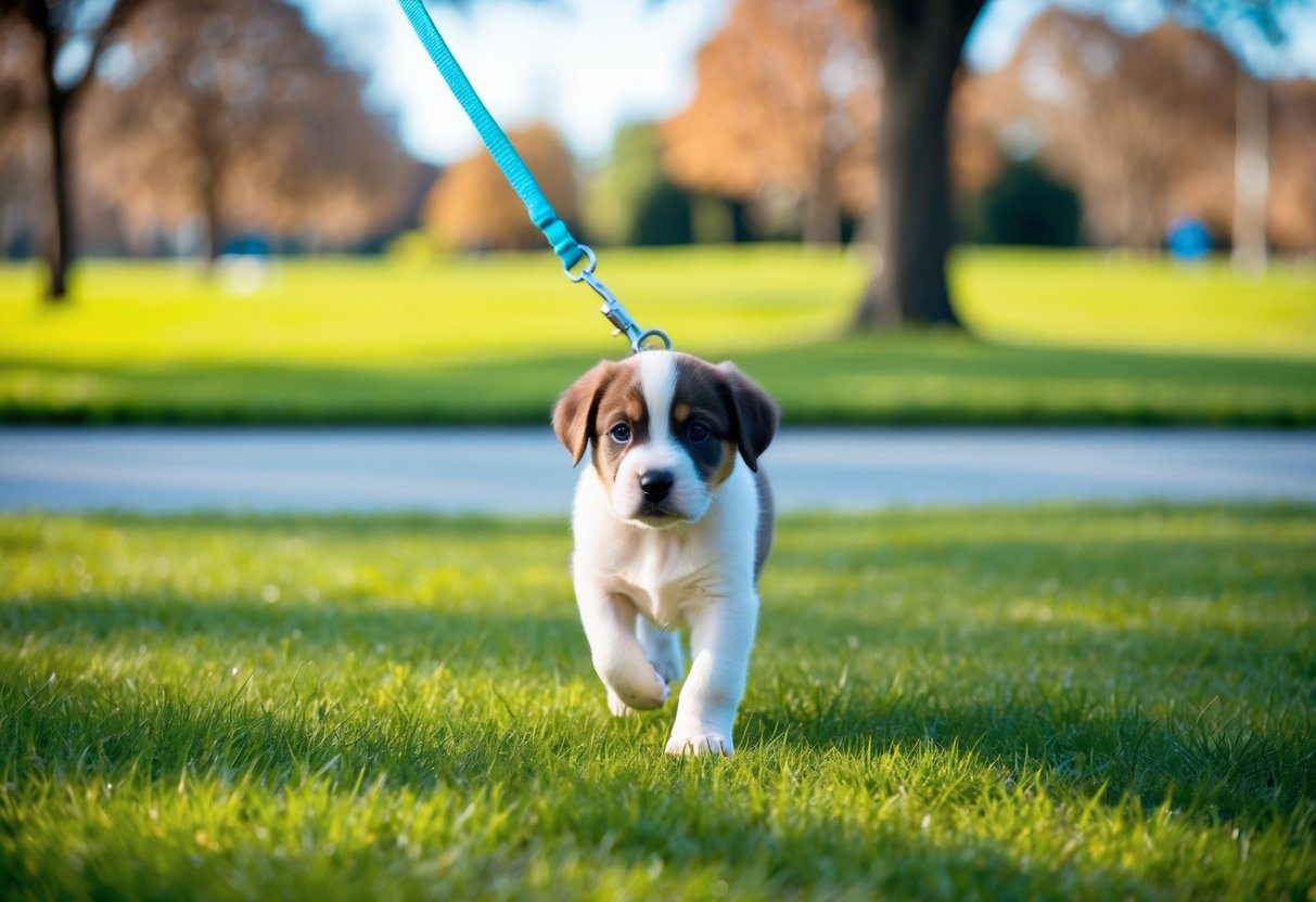 A 12-week-old puppy walks on a leash through a grassy park, with trees and a clear blue sky in the background