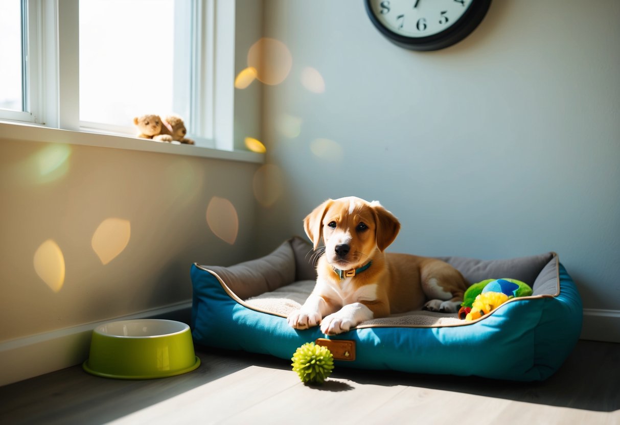 A cozy puppy bed with toys and water bowl, sunlight streaming through a window, and a clock on the wall showing a few hours passing