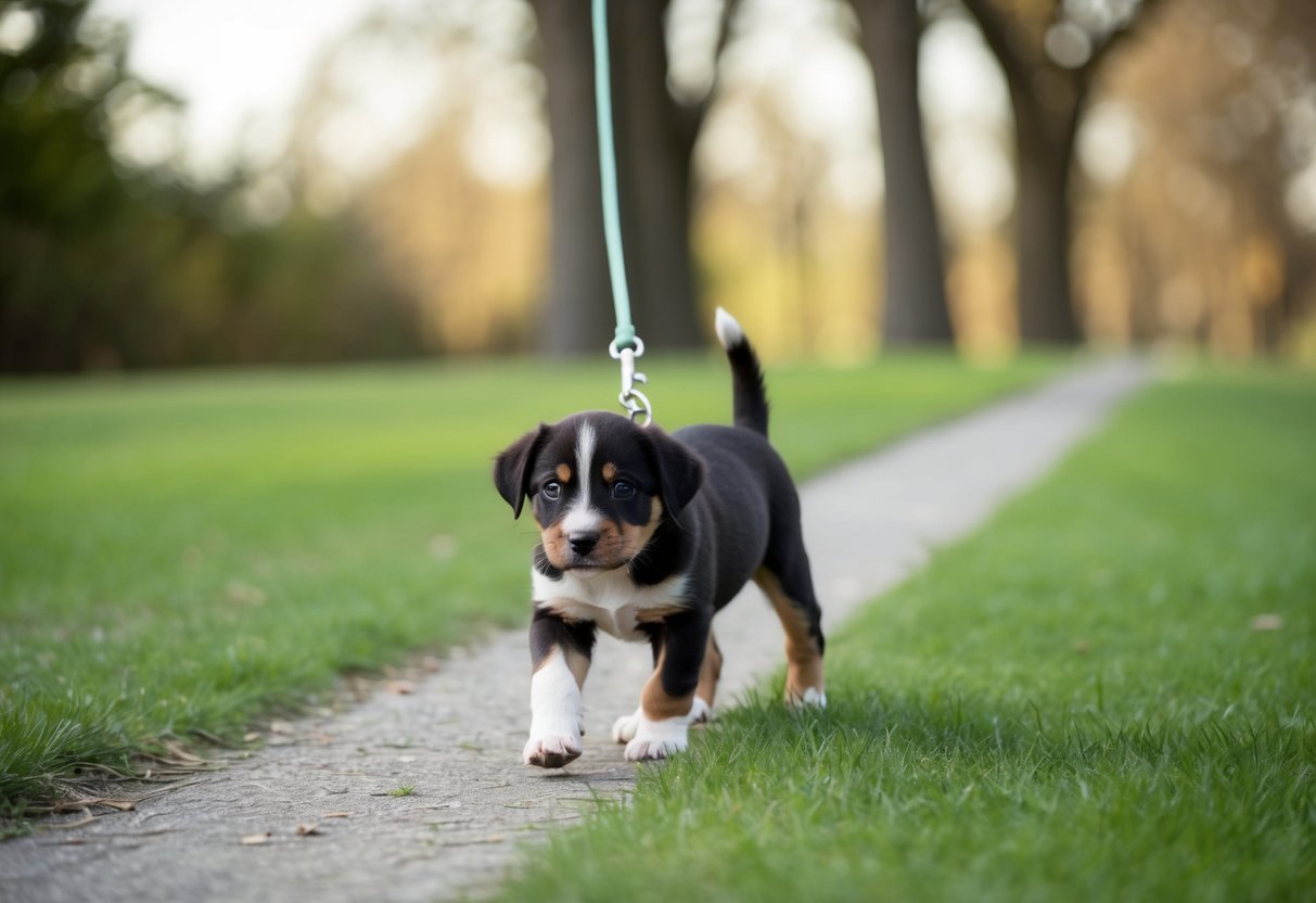 A 12-week-old puppy walking along a grassy path, with trees in the background and a leash trailing behind