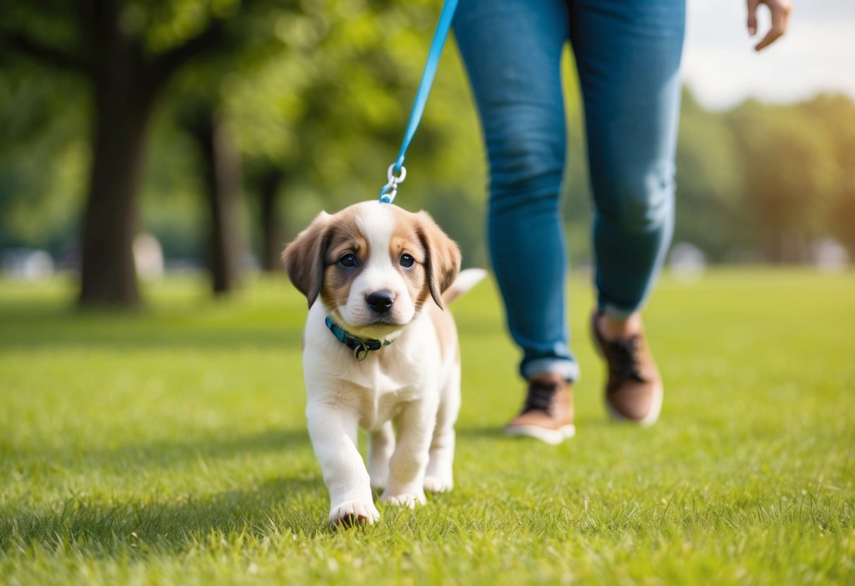 A 12-week-old puppy walking on a leash in a grassy park with its owner