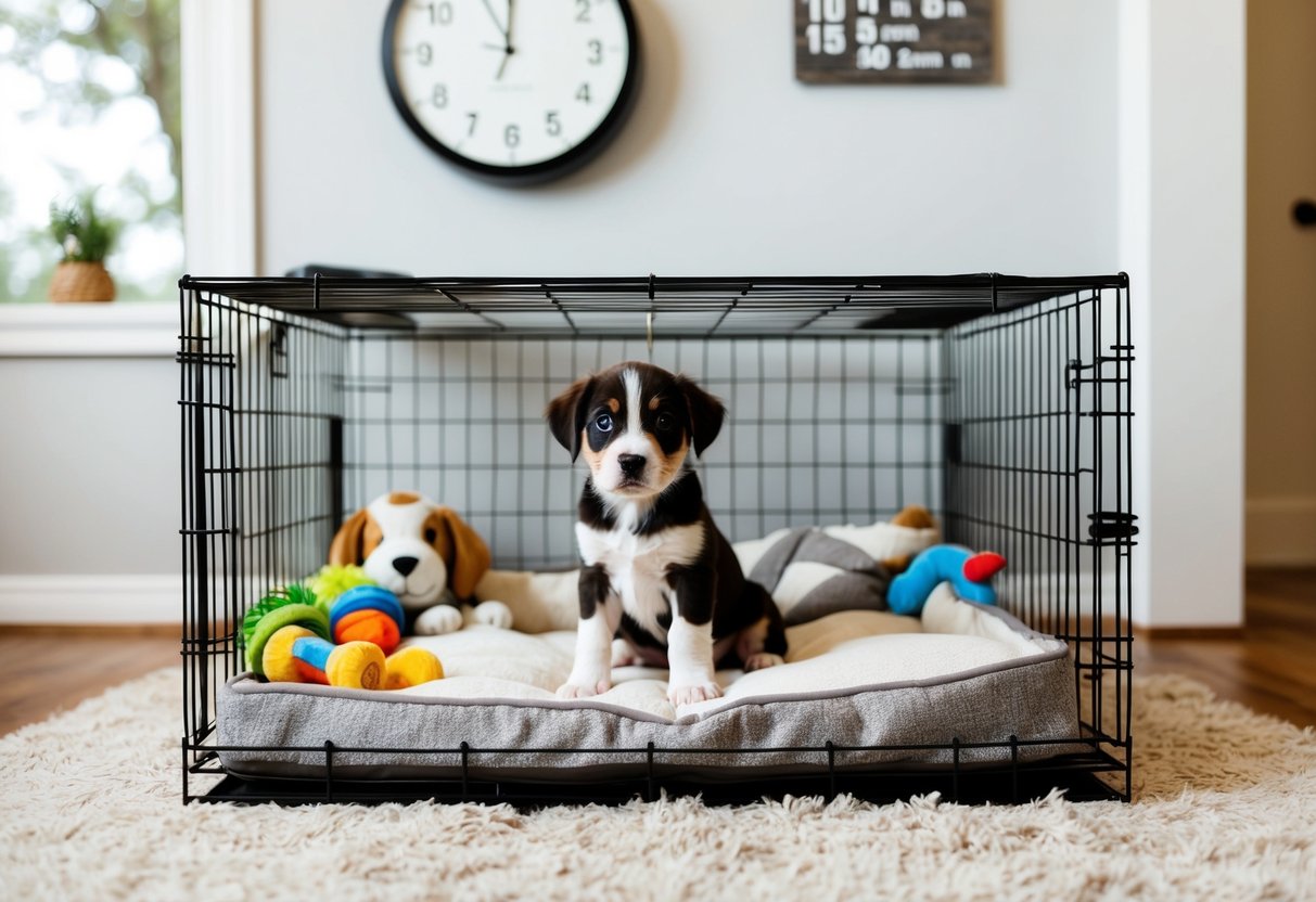 A 4-month-old puppy sits in a cozy crate with toys and a comfortable bed. A clock on the wall shows the time, indicating the length of time the puppy can be left alone