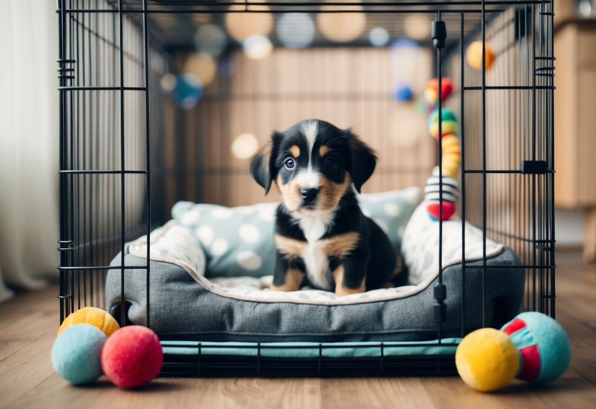 A 4-month-old puppy is left alone in a cozy crate with toys and a comfortable bed, while soothing music plays in the background