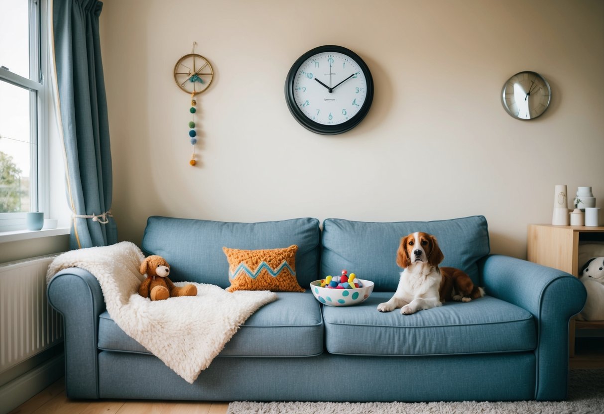 A cozy living room with a comfy bed, toys, and water bowl. A clock on the wall shows the time. A window lets in natural light