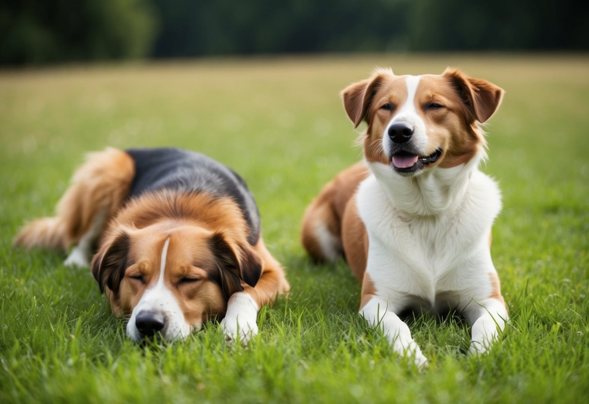 Two dogs, one male and one female, lying on a grassy field. The male dog is resting with his eyes closed, while the female dog is sitting up and looking around calmly
