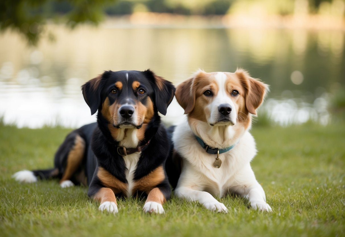 Two dogs, one male and one female, lying peacefully side by side in a serene setting