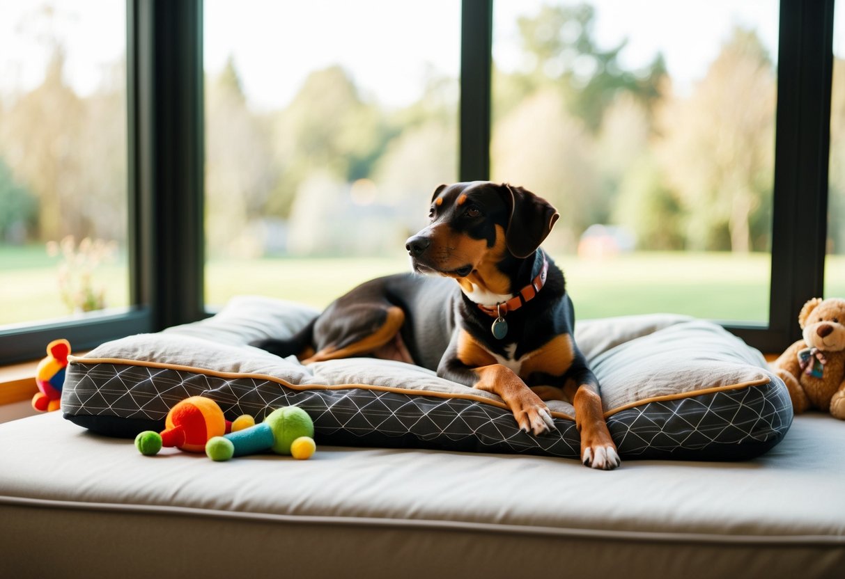 A contented dog lounges in a cozy indoor space, surrounded by toys and a comfortable bed, with a large window providing natural light and a view of the outdoors