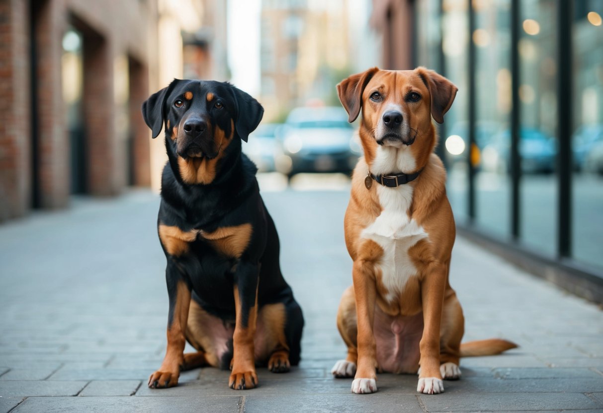 A male and female dog sitting side by side, the male appearing more relaxed with a calm demeanor, while the female appears more alert and attentive