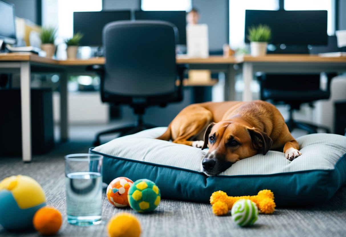 A busy office with a calm, well-behaved dog resting on a comfortable bed or in a cozy corner, surrounded by toys and water