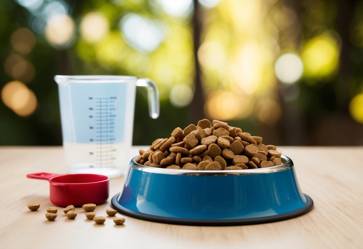 A dog bowl filled with kibble, next to a measuring cup