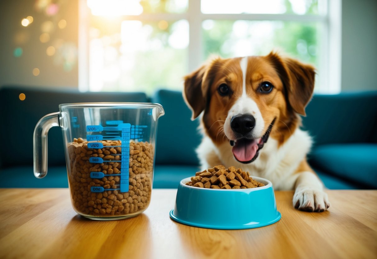 A measuring cup filled with dog food next to a bowl and a happy, healthy dog eagerly waiting to be fed