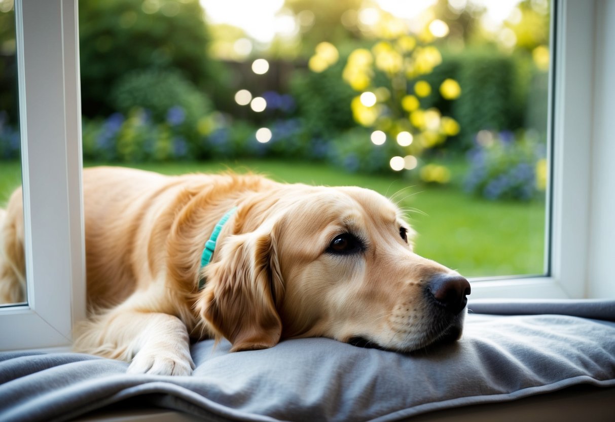 A golden retriever lies peacefully on a soft blanket, gazing out a window at a tranquil garden scene