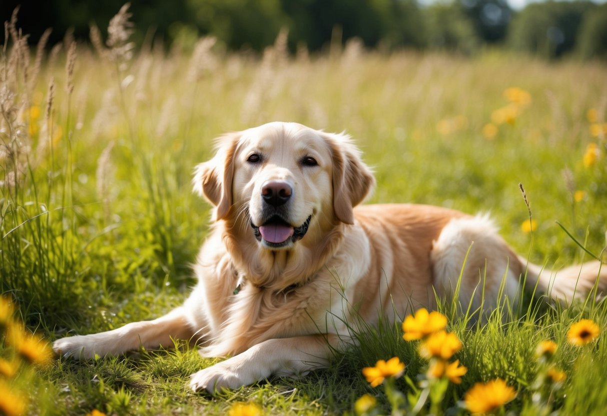 A golden retriever lying peacefully in a sunlit meadow, surrounded by tall grass and wildflowers, with a serene expression on its face