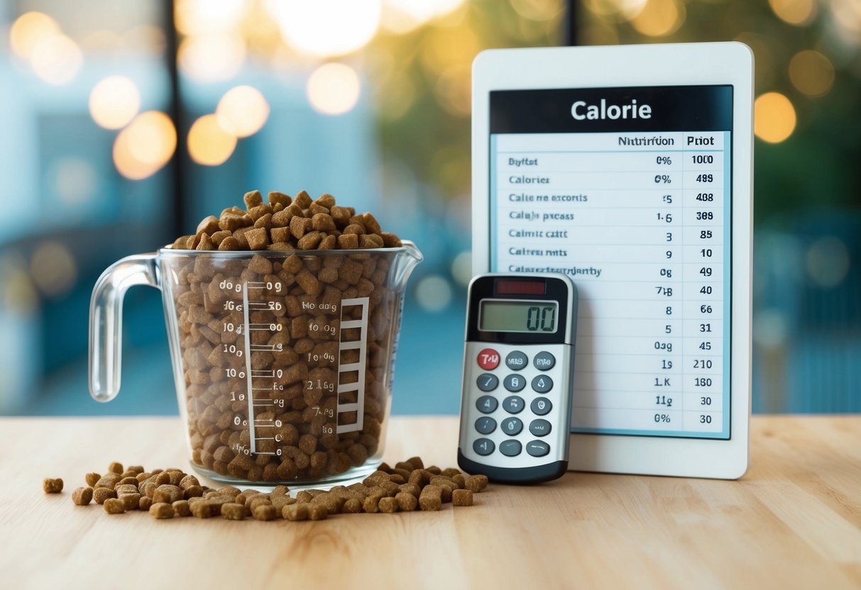 A measuring cup filled with dog food sits next to a digital calorie calculator and a list of nutritional requirements