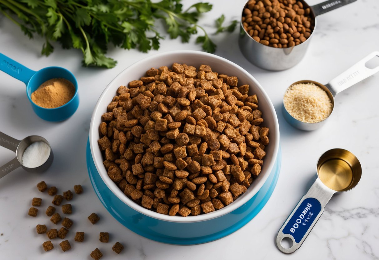 A dog food bowl filled with high-quality kibble, surrounded by various ingredients and a measuring cup
