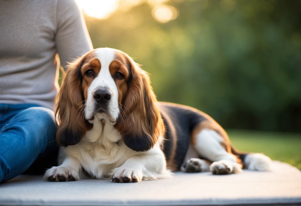 A serene, tranquil setting with a peaceful, content dog lying next to its owner. The dog is a quiet and calm breed, such as a Basset Hound or a Cavalier King Charles Spaniel