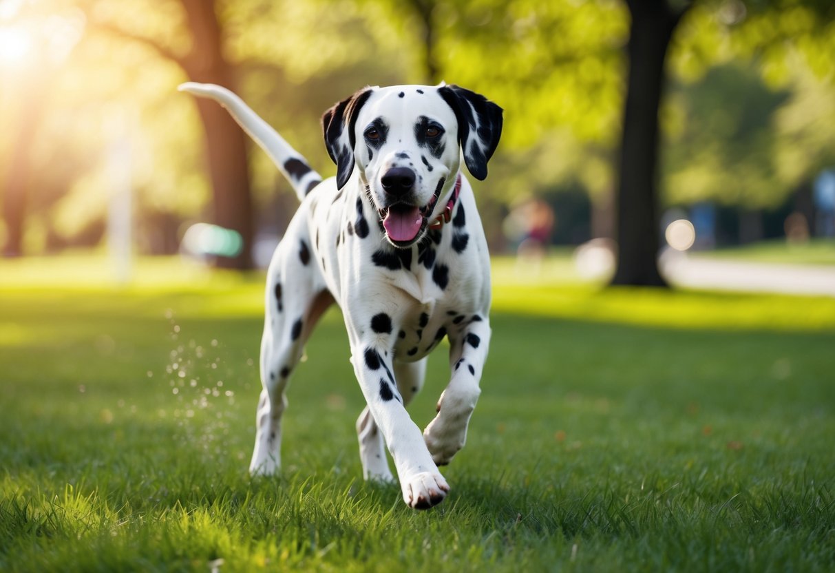 A healthy, energetic Dalmatian playing in a sunny park, with a shiny coat and bright eyes