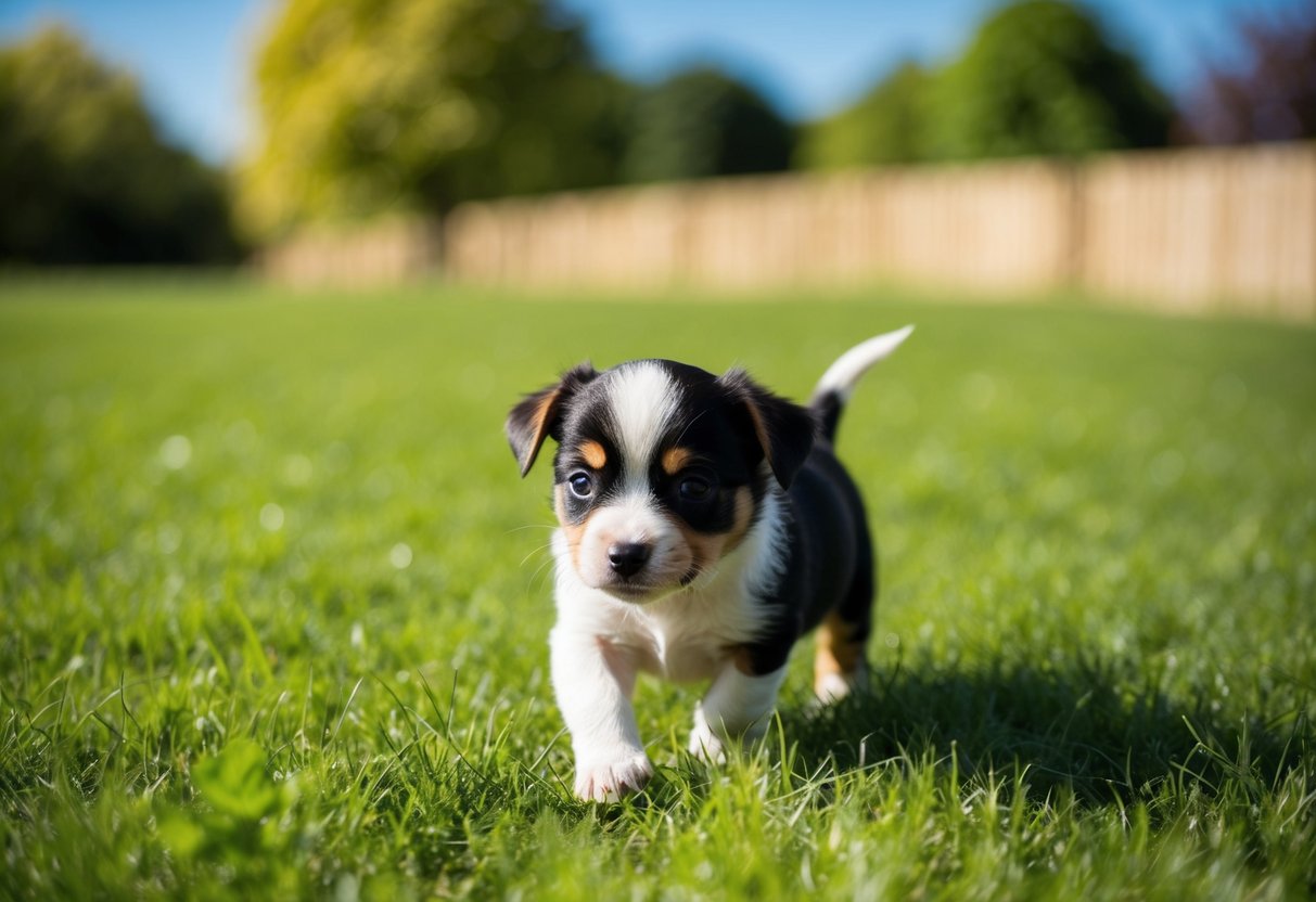 A sunny day with green grass and a blue sky, a small puppy cautiously exploring the outdoors for the first time