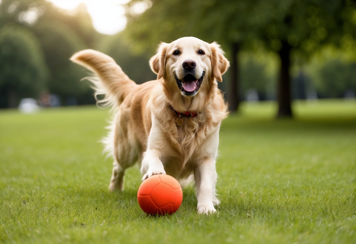 A golden retriever happily playing fetch in a grassy park
