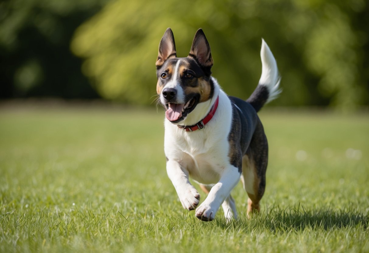 A happy, healthy dog of a breed known for minimal health issues, playing in a sunny, grassy field