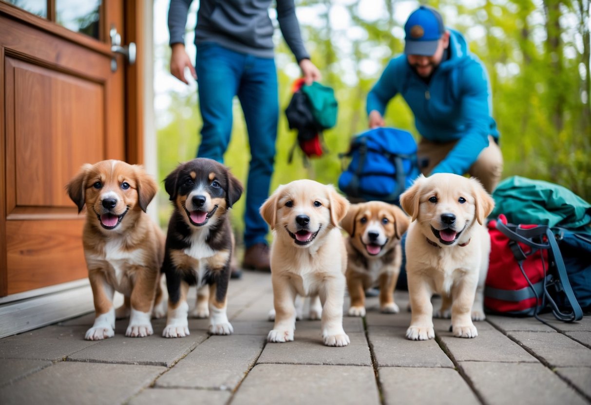 A group of playful puppies eagerly wait at the door, tails wagging, as their owner gathers outdoor gear for an adventure