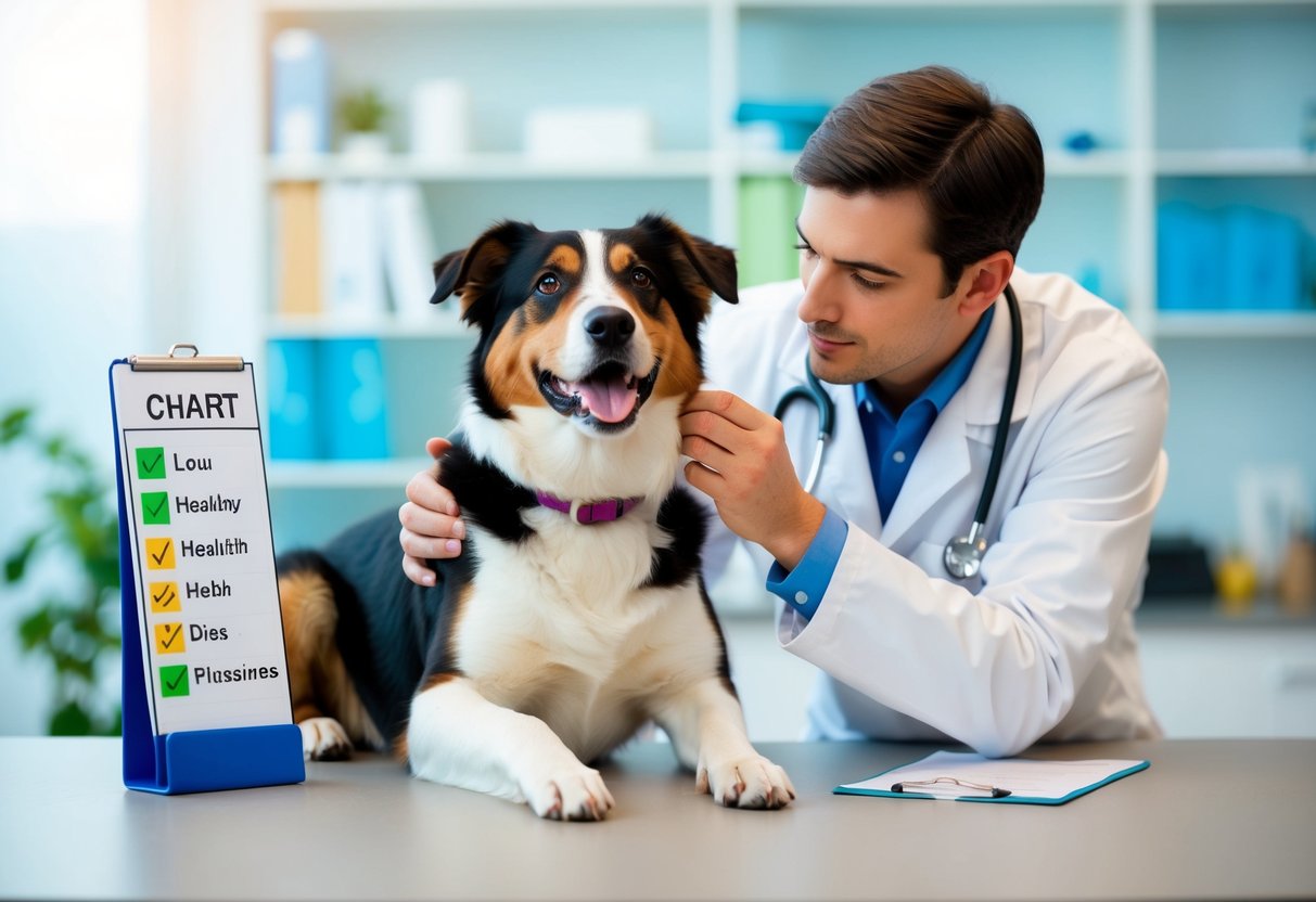 A veterinarian examining a healthy, active and playful mixed-breed dog with a chart showing low health issues