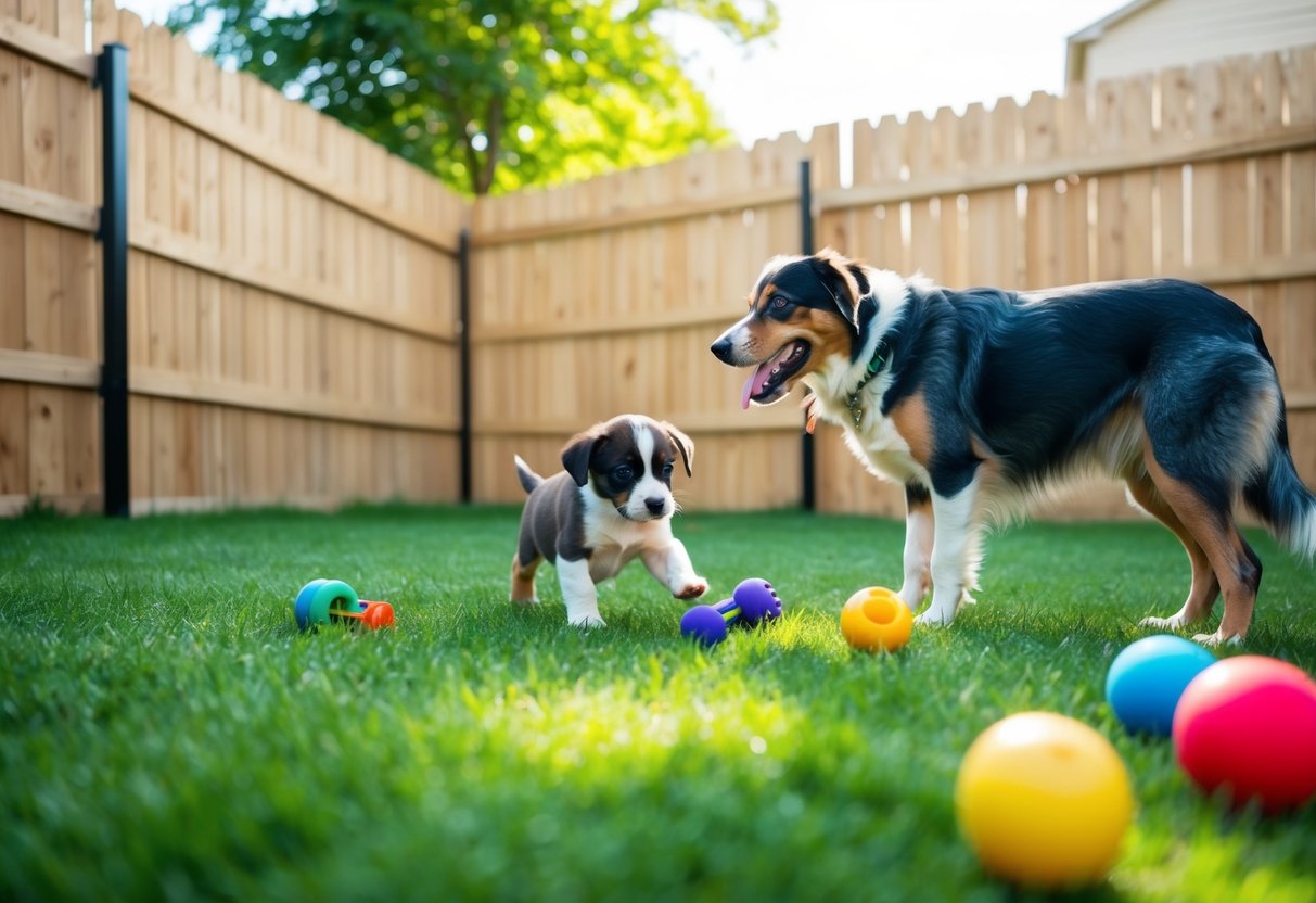 A sunny backyard with a fenced area, a small puppy exploring and playing with toys while supervised by an adult dog