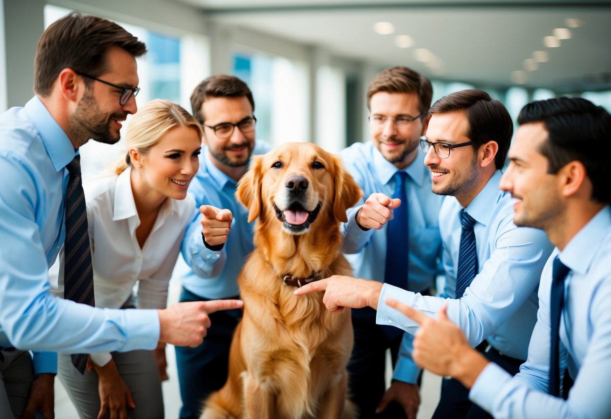 A group of experts gathered around a golden retriever, pointing and nodding in agreement