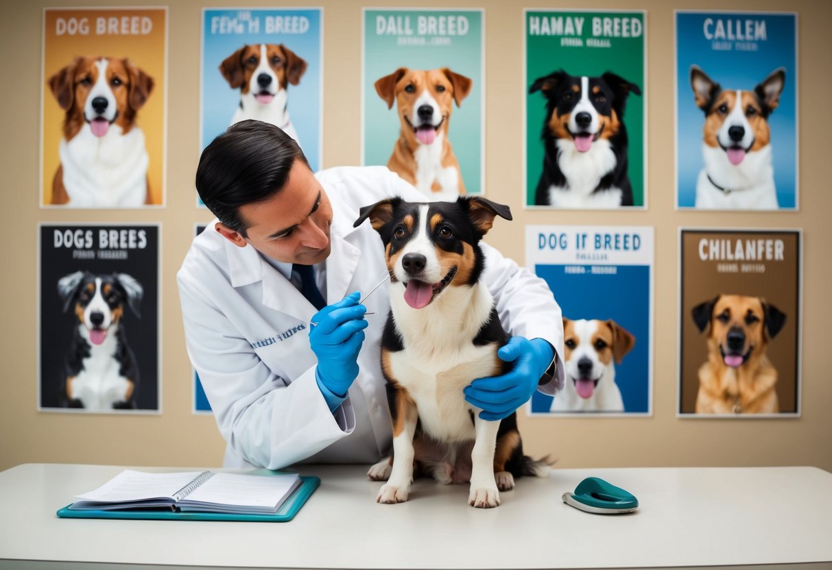 A veterinarian examining a healthy and happy dog of a breed known for its minimal health issues, surrounded by various dog breed posters on the wall