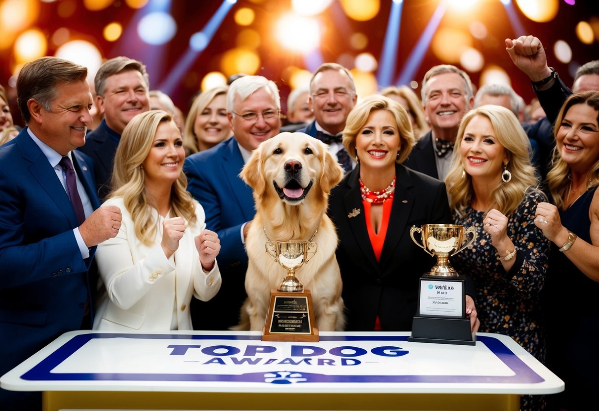 A Golden Retriever surrounded by adoring fans and winning a top dog award