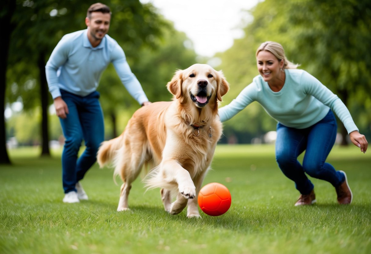 A Golden Retriever happily playing fetch in a grassy park with its owner