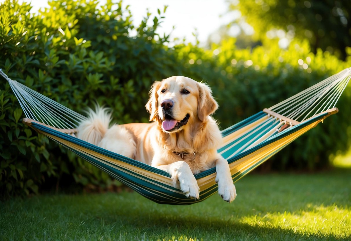 A golden retriever lounges in a hammock, surrounded by lush greenery and basking in the warm sunlight