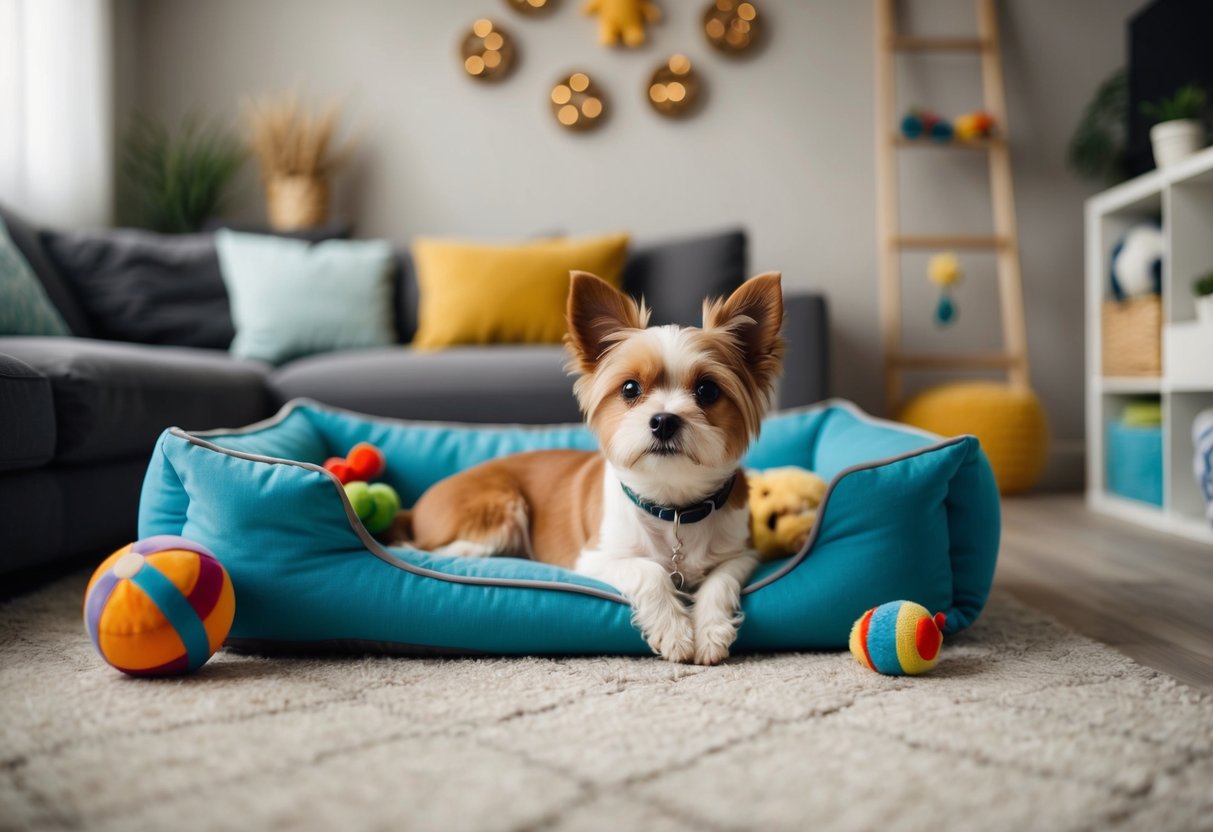 A small, contented dog lounging in a cozy living room, surrounded by toys and a comfortable bed