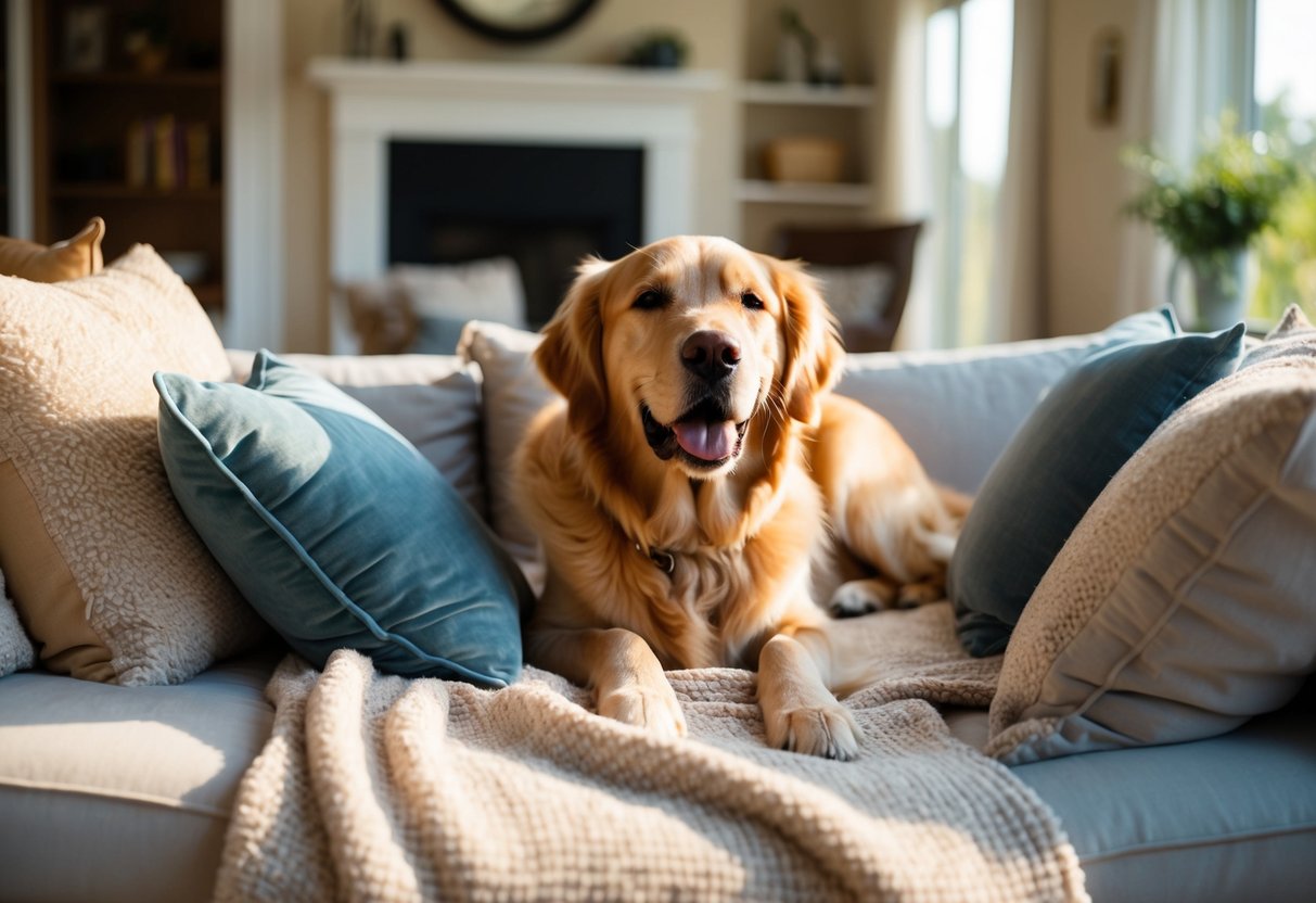 A golden retriever lounging in a sunlit living room, surrounded by plush pillows and a cozy blanket, with a contented expression on its face