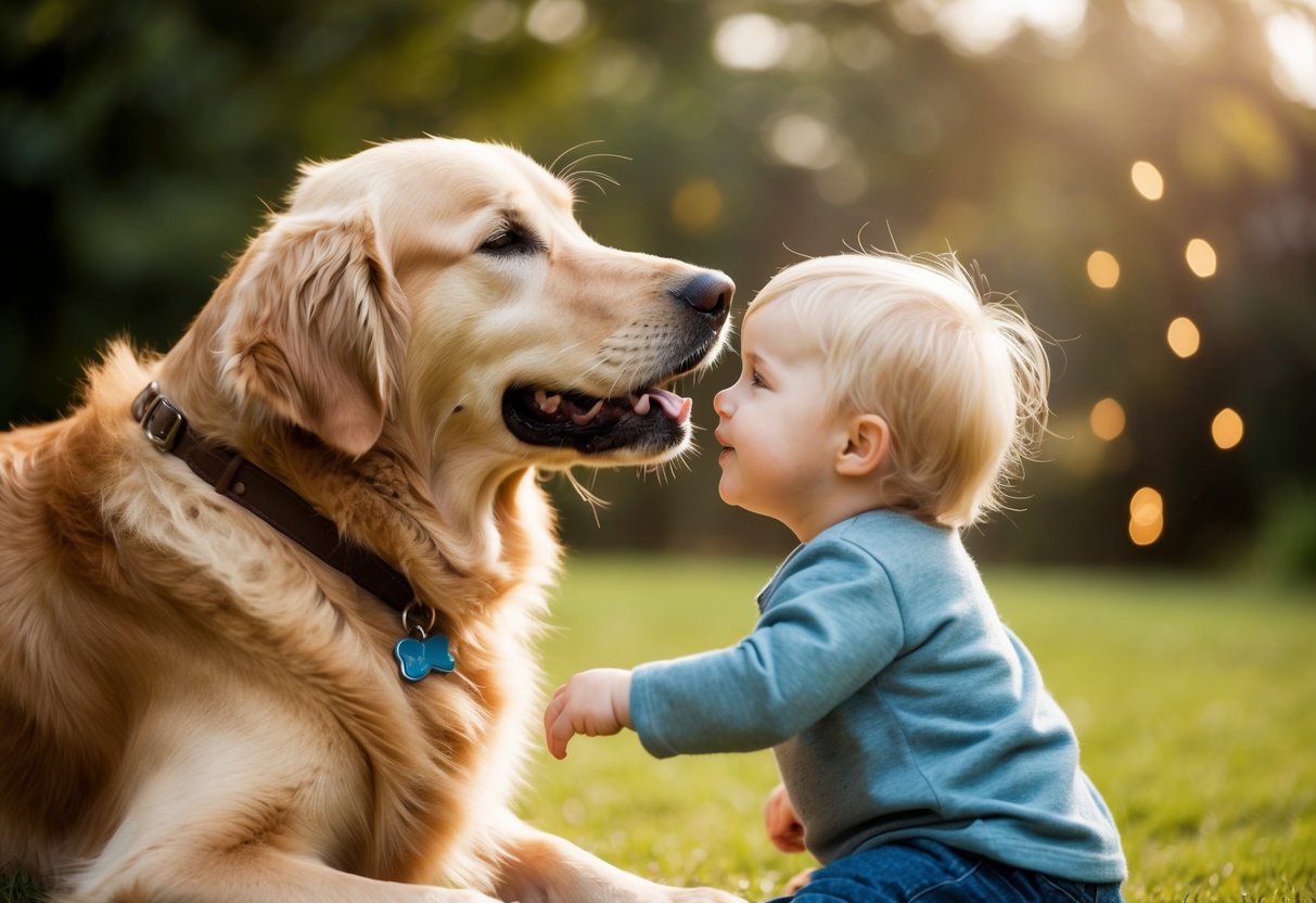 A golden retriever gently nuzzles a small child, wagging its tail with a loving gaze