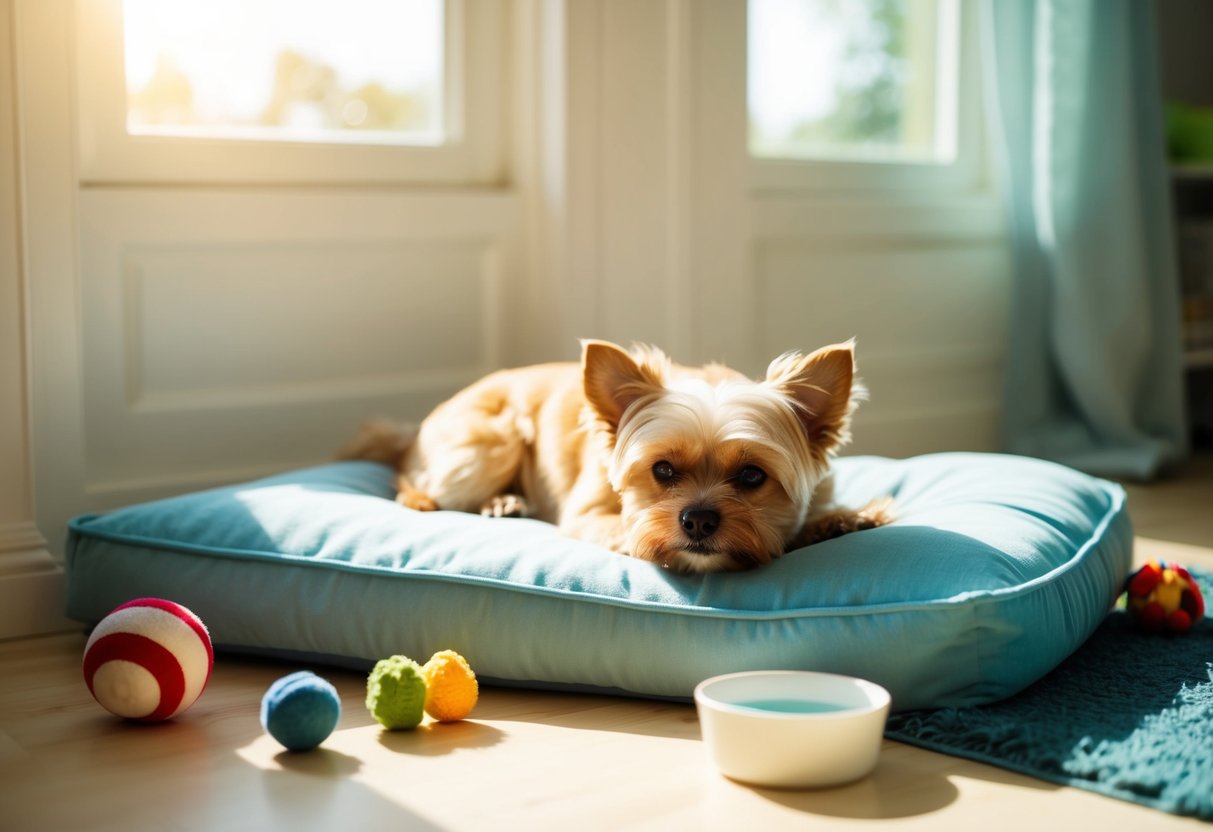 A small, contented dog lounges on a soft bed, surrounded by toys and a bowl of water. Sunlight streams in through a nearby window