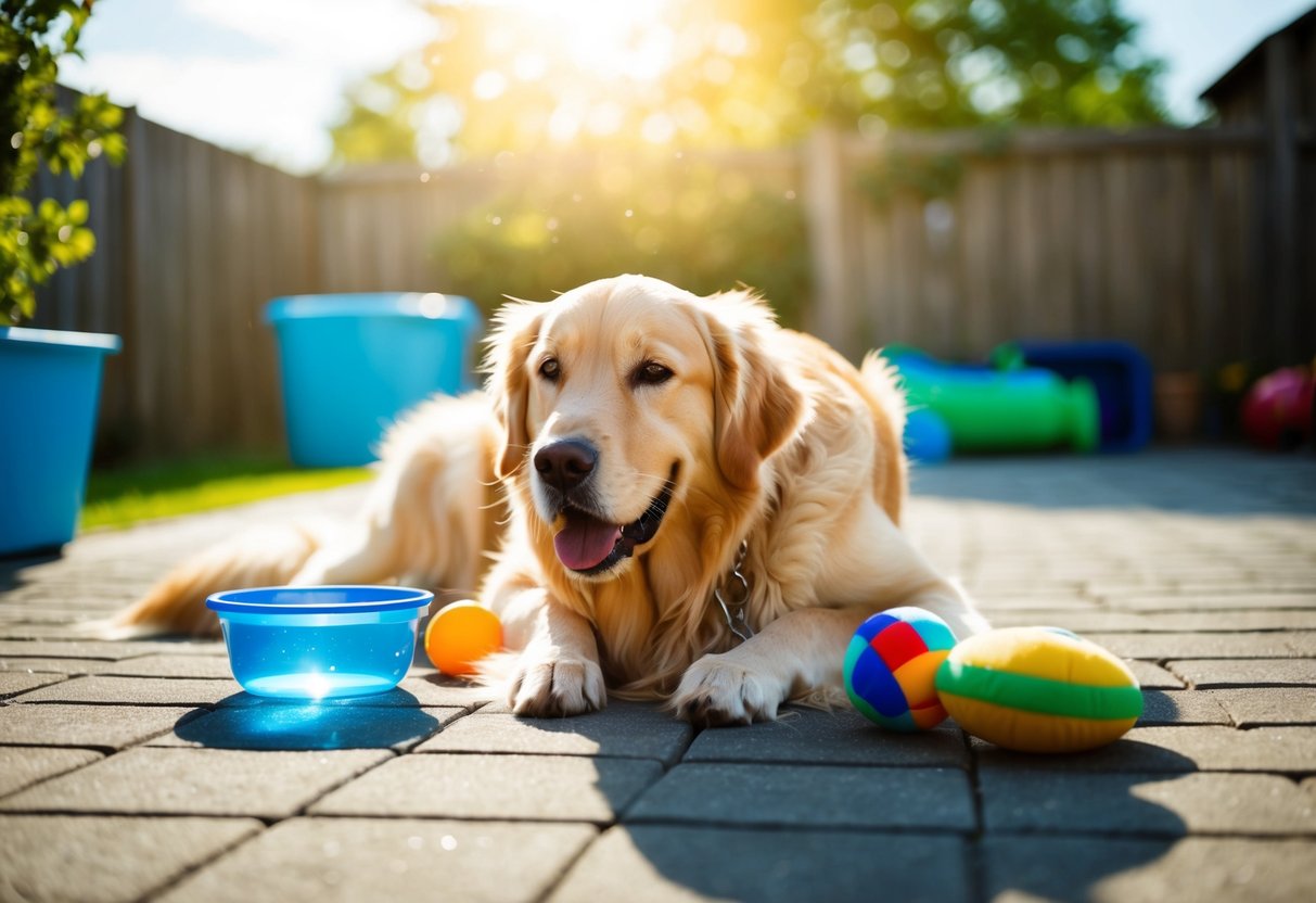 A golden retriever lounging in a sunlit backyard, surrounded by toys and a water bowl